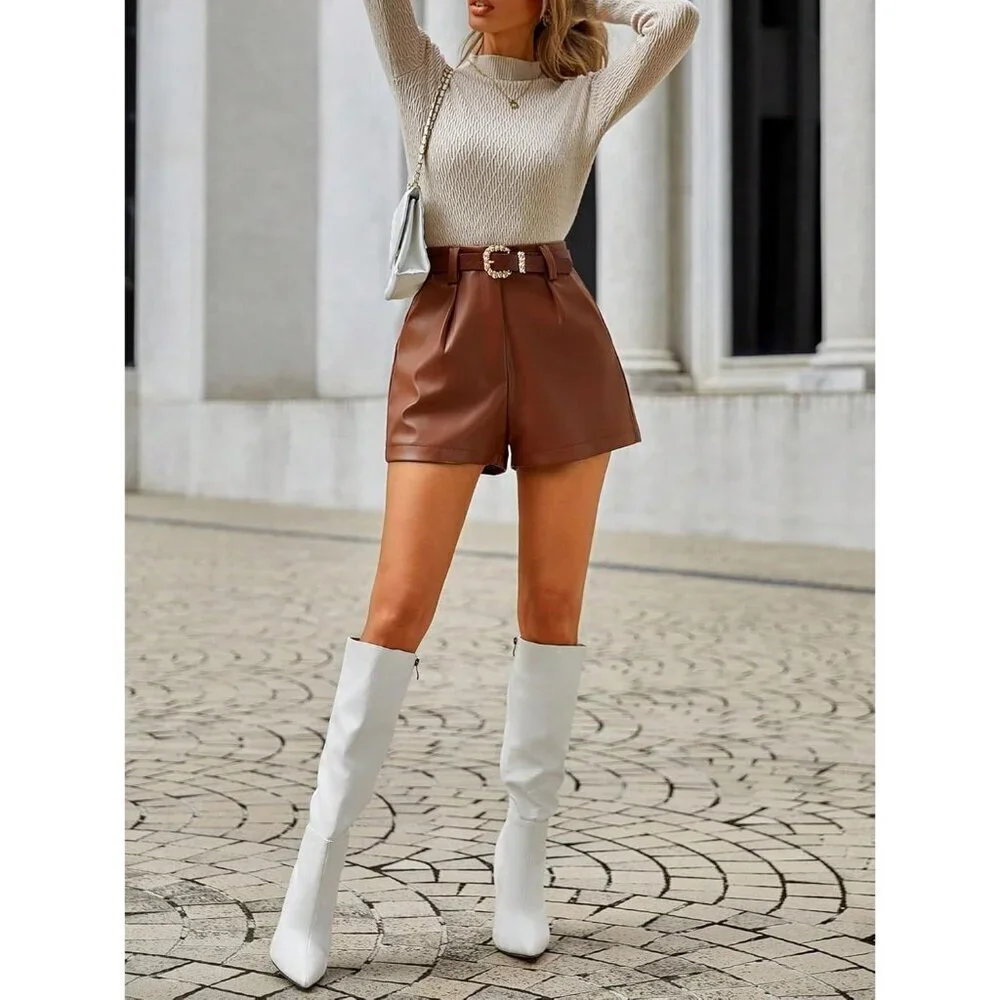 Women's Brown Pu Leather High Waisted Pleated Wide Leg Dressy Shorts
